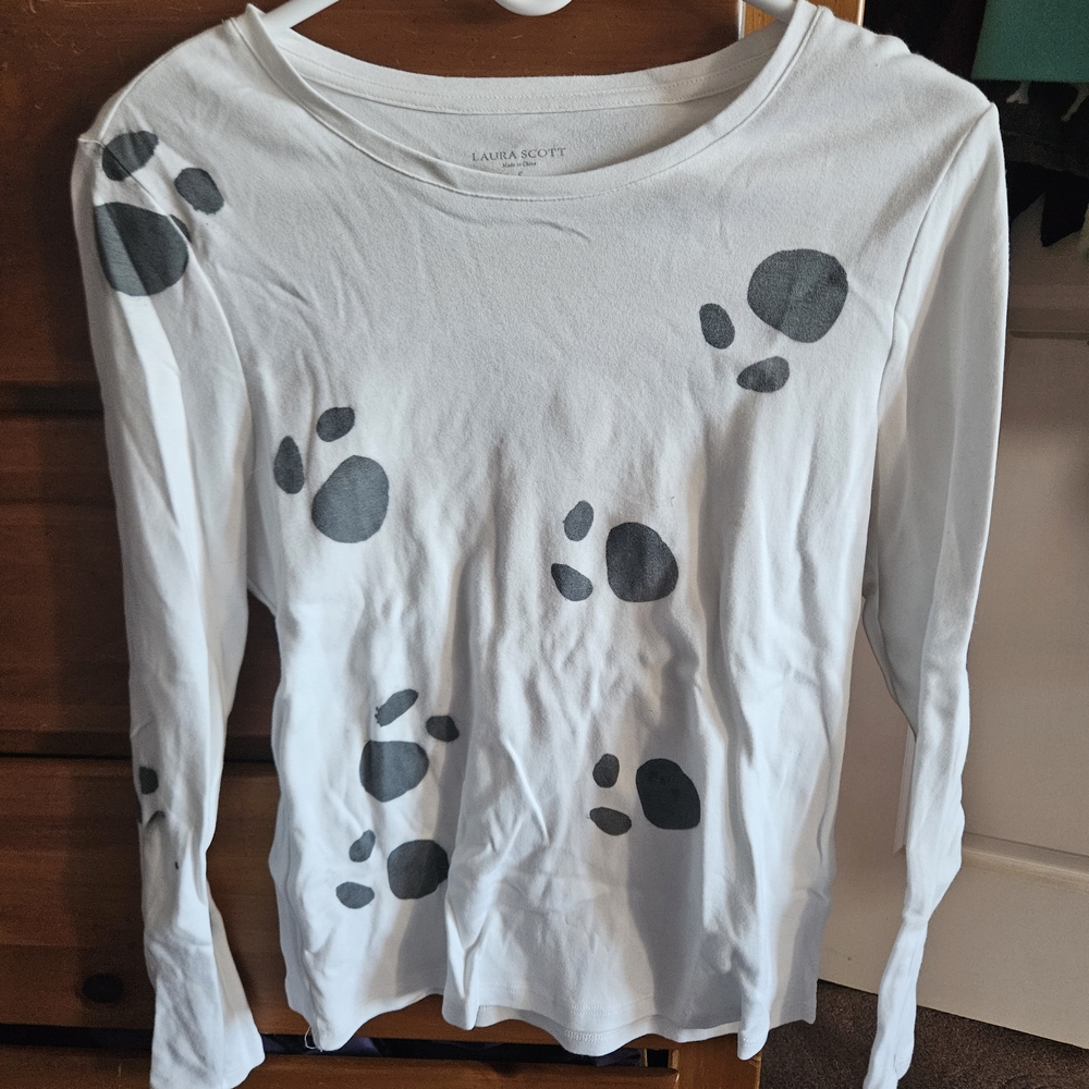 White Long Sleeve Shirt with Black Paw Prints